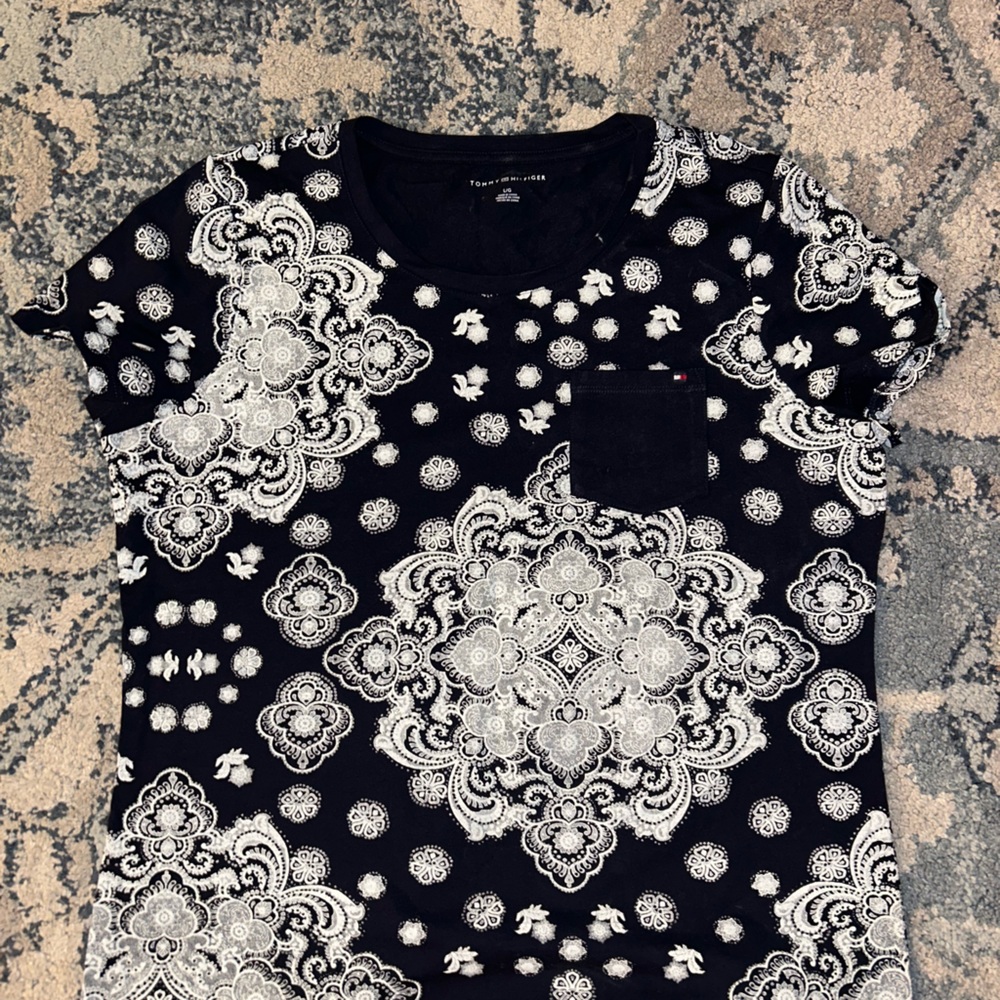 black with white design shirt